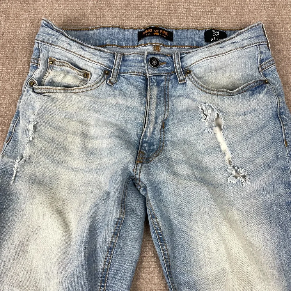 Ring Of Fire Slim Jeans Mens 31x30 Blue Denim Cotton Stretch Distressed Low Rise